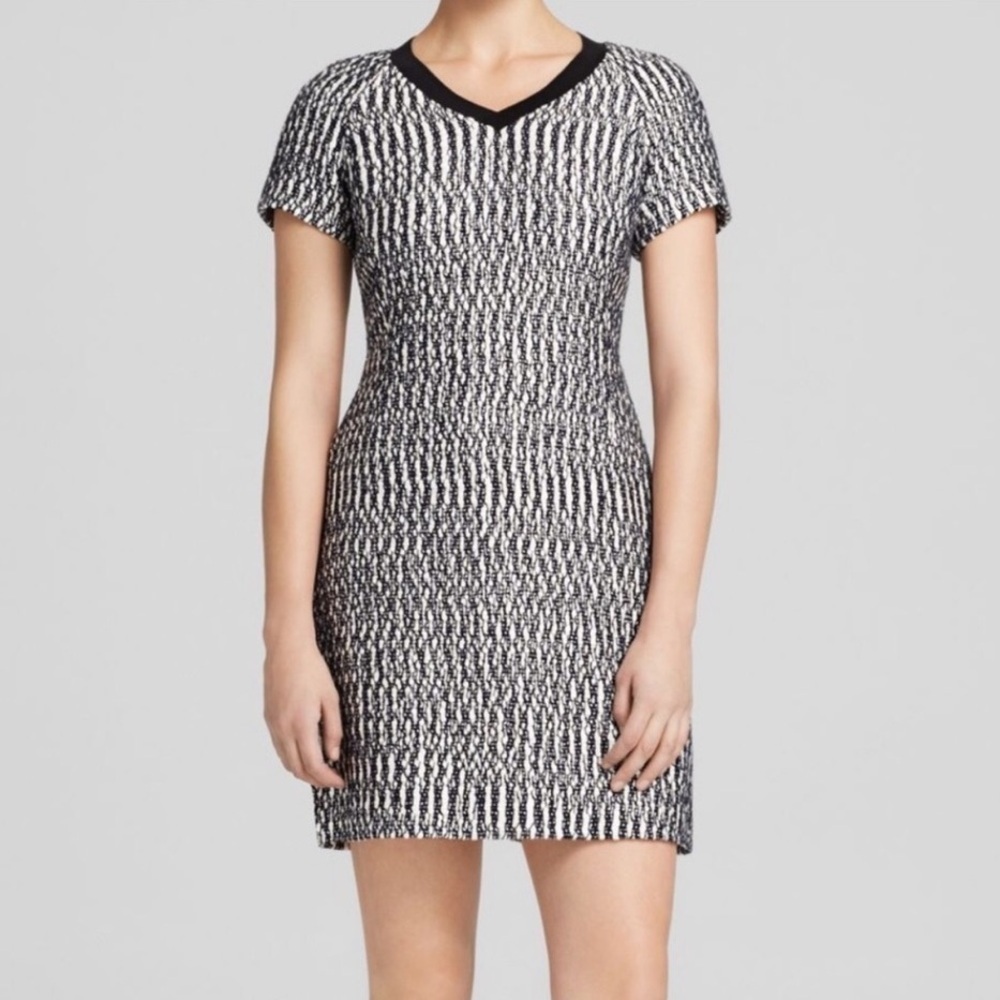 Tory Burch Marbled Tweed V-Neck Sheath Dress in Black Navy Blue White Sz 2